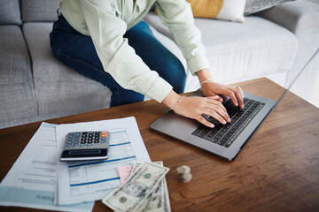 Computer, money and calculator with hands for home budget, financial planning and salary, rent cost...