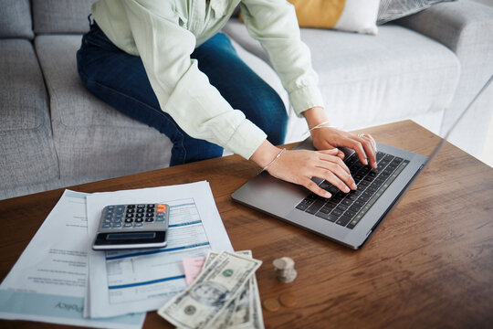 Computer, Money And Calculator With Hands For Home Budget, Financial Planning And Salary, Rent Cost Or Online Loan. Person Typing On Laptop And Sofa With Cash And Documents For Mortgage And Bills