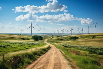 Wind turbine farm generating clean energy against a sunset sky, Generative AI