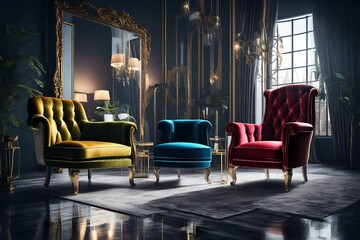 Concept of luxury and success with multi colored velvet armchair, job vacancy.