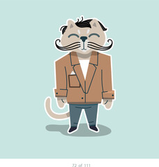 Cartoon stylized cat character. Set of 111 units. Number 72. 2d animation, printing, pets, stickers, digital art. Conceptual toys.