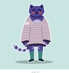 Cartoon stylized cat character. Set of 111 units. Number 74. 2d animation, printing, pets, stickers, digital art. Conceptual toys.