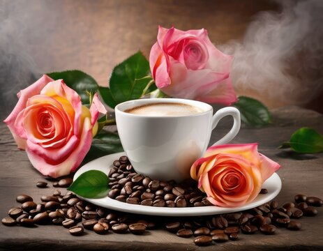 Steamy delicious aroma of white romantic cup of coffee capuccino decorated with three pink and yellow roses and coffee beans on white saucer standing on rustic wooden table 