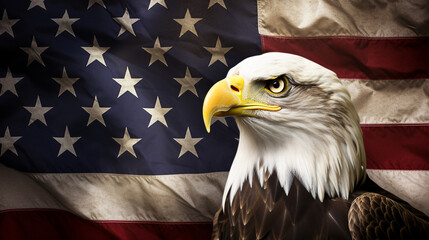 Naklejka premium White headed eagle, USA flag background.