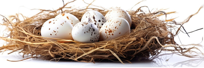 Naklejka na ściany i meble Heap of quail eggs in a straw nest on a white background. Banner