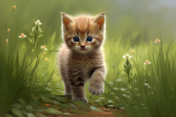 Funny playful red ginger curious tabby kitten walks on grass with flowers outdoors in the garden and looks around. Pet care, healthy eating concept. 