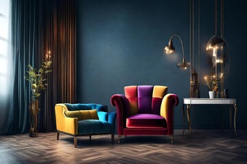 Concept of luxury and success with multi colored velvet armchair, job vacancy. - obrazy, fototapety, plakaty