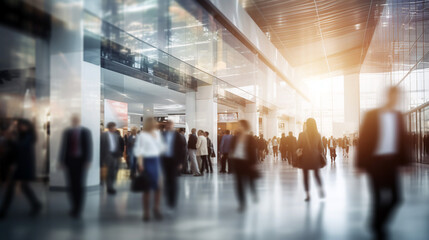 blurred business people walking at a trade fair, conference or walking in a modern hall