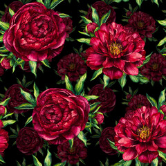 Watercolor seamless pattern red peony - 653694164