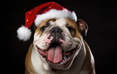 Happy funny english bulldog smiling and looking at camera in a hat of Santa Claus on the black background. Christmas smile dog