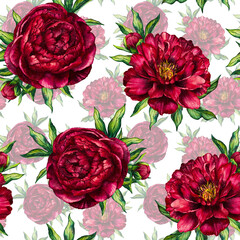 Watercolor seamless pattern red peony - 653694337