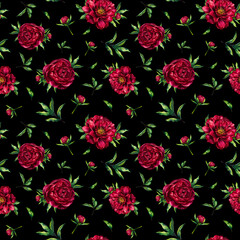 Watercolor seamless pattern red peony - 653694559