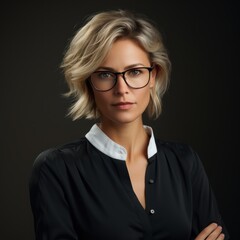 Fototapeta premium Beautiful woman, businesswoman in stylish formal wear nd glasses, looking seriously at camera over black background. Concept of business and success