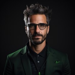 Obraz premium Handsome businessman in his 40s wearing green jacket and glasses, looking at camera over black background. Confidence. Concept of business