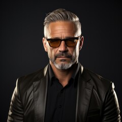 Obraz premium Handsome, stylish man, businessman in leather brown jacket and sunglasses standing over black background. Confidence. Concept of business