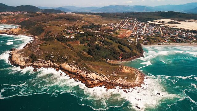 Aerial view of the Brazilian coastline with rough Atlantic Ocean