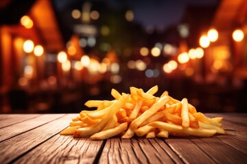 French fries chips in basket on table, street junk food, oktoberfest. Generative Ai - obrazy, fototapety, plakaty