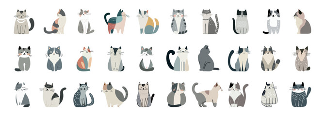 Cute cats pack. For t-shirt, banner, style, print, card, product, vector illustration. Flat cartoon vector illustration. Isolated on white background.