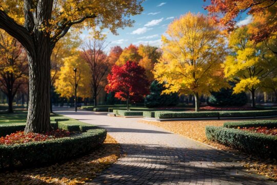 A beautiful park in yellow, red and orange autumn colors