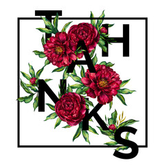 Word thank you with red peonies and leaves. Black letters in flowers peony - 653696792