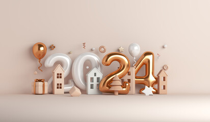 Happy new year 2024 decoration background with balloon, firework rocket, gift box, house, copy space text, 3D rendering illustration