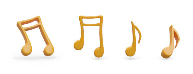 Golden musical notes in different positions. Set of musical signs on white background. Icons for color web design. Eighth and beamed eighth note. Illustrations for music website, application