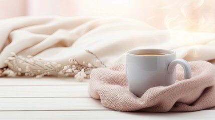 a stylish cup of coffee positioned against a backdrop of neatly stacked cozy winter blankets in pastel colors. - obrazy, fototapety, plakaty