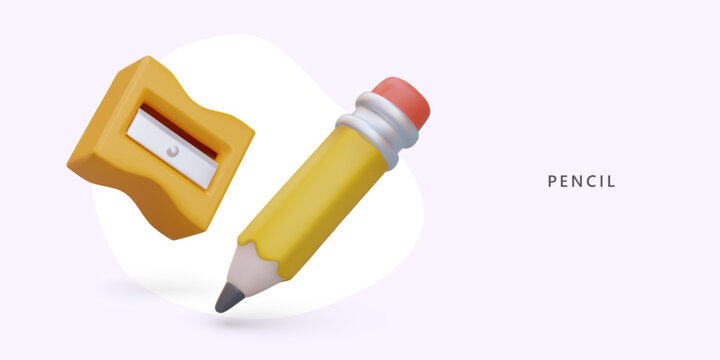 3d realistic yellow office pencil and sharpener. Advertising poster for stationery store with place for text. Colorful vector illustration in yellow colors