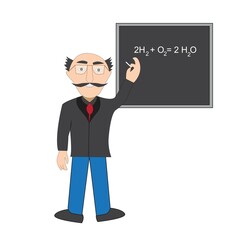 Teacher, professor standing in front of blackboard. School male teacher near blackboard.Teacher teaching and explaining chemical reaction.