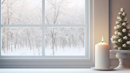 featuring a candlestick near a snow-covered window, creating a modern and minimalist Christmas background.