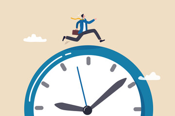 Time run out, deadline or hurry to go to the office late, urgency or determination to finish work fast, stressed or anxiety to complete work concept, hurry businessman run fast on time run out clock. - obrazy, fototapety, plakaty