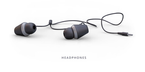 3D wired headphones for stereo sound. In ear model, earphones. Portable small gadget for listening to music. Isolated vector illustration for web design