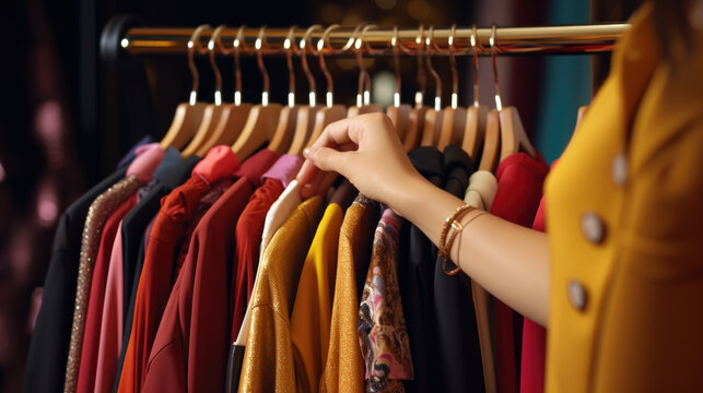 Women shopping in fashion mall, choosing new clothes, looking through hangers, close up of hands.