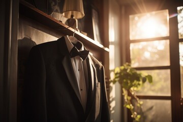 A man's suit hangs on a trempel. Light from the window