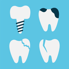 A set of teeth on a blue background. The concept of dental health. Dentistry icons. Vector. Flat style