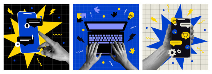 Top view of man working using computer. Vector illustration of website design, development, programming, seo. Hands holding a smartphone. Digital chat bot, robot application, conversation assistant	