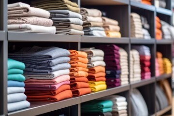 Various color T-shirts at shelf, colorful shirts folded in store. - obrazy, fototapety, plakaty
