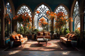 Living room in oriental style. Mughal arches