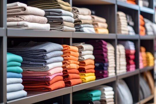 Various color T-shirts at shelf, colorful shirts folded in store.