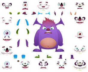 Cute monster cartoon character constructor kit with body parts changeable eyes, ears, horns, mouths, teeth, legs, hands, tails for monster creation
