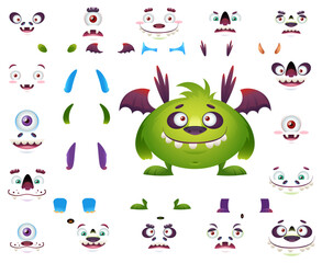 Obraz premium Cute monster cartoon character constructor kit with body parts changeable eyes, ears, horns, mouths, teeth, legs, hands, tails for monster creation