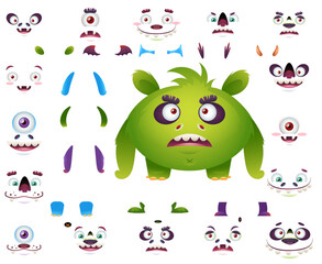 Obraz premium Cute monster cartoon character constructor kit with body parts changeable eyes, ears, horns, mouths, teeth, legs, hands, tails for monster creation