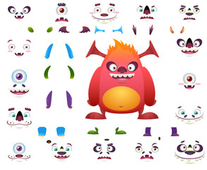 Cute monster cartoon character constructor kit with body parts changeable eyes, ears, horns, mouths, teeth, legs, hands, tails for monster creation