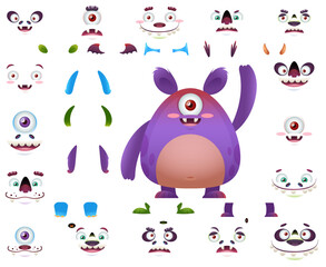 Naklejka premium Cute monster cartoon character constructor kit with body parts changeable eyes, ears, horns, mouths, teeth, legs, hands, tails for monster creation
