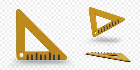 Realistic set square, triangle. Triangular ruler 90 degrees. Equipment for drawing line at right angle. Yellow icon for geometry, mathematics application