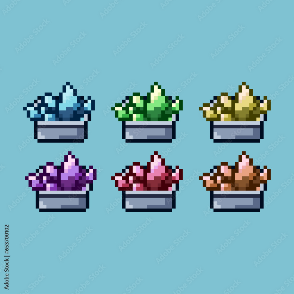 Poster pixel art sets of crystal in the box with variation color item asset simple bits of crystal stone on