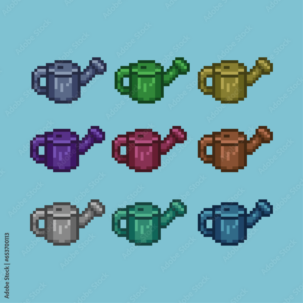 Poster pixel art sets of plant waterer with variation color item asset simple bits of plant waterer on pixe