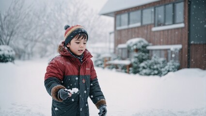 adorable little boy smiling with red hat playing with snow celebrating christmas .ai generated - obrazy, fototapety, plakaty