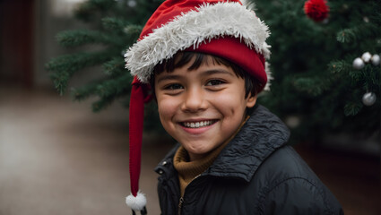 Adorable boy smiling with red hat with a tree behind celebrating Christmas. AI generated - obrazy, fototapety, plakaty