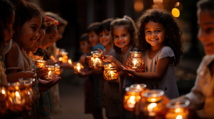 Obraz na płótnie Canvas Group of indian kids lighting candles for Diwali festival.